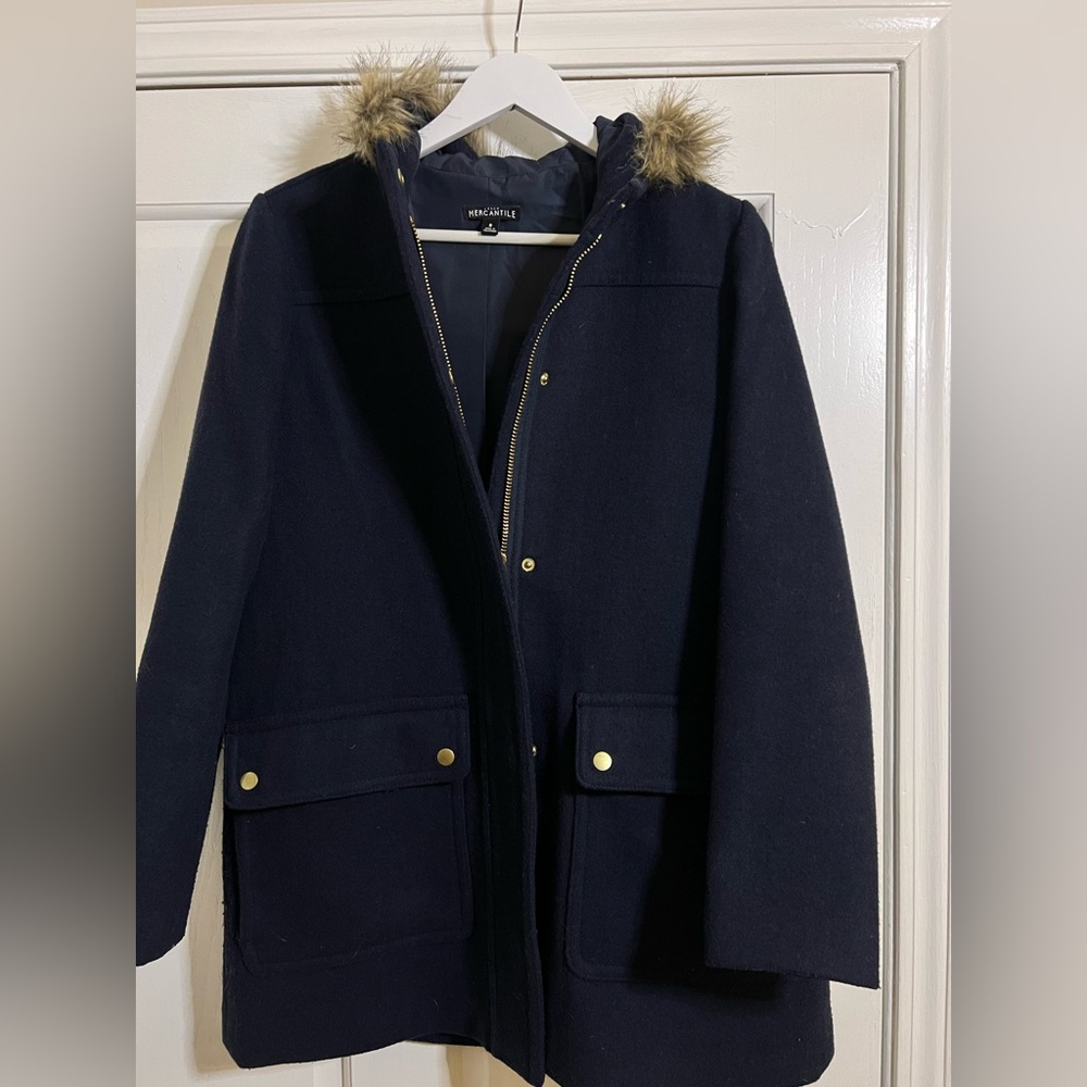 J.Crew Mercantile Navy Coat with Faux Fur Trim